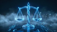 Glowing scales of justice symbol with digital circuit patterns, representing law, technology, and legal services for corporate and business applications.