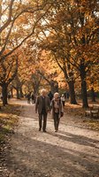 Senior couple walking hand in hand through autumn park with golden foliage, enjoying romantic stroll on tree-lined path during fall season.