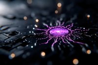 Glowing purple virus cell with spikes on dark surface with bokeh lights for medical education and healthcare presentations.
