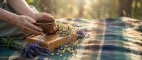 Hands holding wooden bowl with dried lavender flowers and chamomile on rustic table outdoors in golden sunlight for natural wellness and aromatherapy.