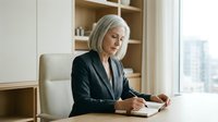 Mature woman with gray hair and light skin tone, wearing black blazer, seated at desk reviewing documents in modern office with city view behind her.