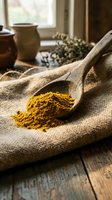 Turmeric powder in wooden spoon on burlap sack with ceramic jars and spices in rustic kitchen setting for cooking and natural health remedies.