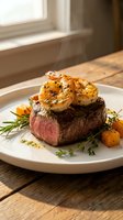 Surf and turf surf and turf dish featuring seared medium-rare beef filet topped with garlic butter shrimp, roasted potatoes, fresh rosemary garnish, and herb oil on white plate.