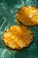 Fresh pineapple slices floating in turquoise water with splashes and droplets, macro shot showing juicy tropical fruit texture in bright sunlight.