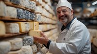 Middle-aged Caucasian male cheese maker in white uniform smiling while inspecting aged cheese wheels on wooden shelves in traditional aging cellar storage room.