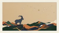 Mountain goat standing on rocky peak against geometric landscape with starry sky, suitable for nature wall art, wildlife posters, and adventure-themed designs.