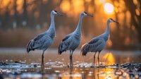 Three sandhill cranes standing in shallow water at sunset, golden sun reflecting on rippled surface, silhouetted trees in background create dramatic atmosphere.