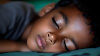 Peaceful sleeping African American child with long eyelashes resting on turquoise bedding, displaying innocence and tranquility in natural lighting.