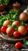 Fresh brown eggs and cherry tomatoes on wooden board with basil leaves, perfect for healthy cooking and food photography.