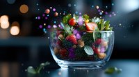 Fresh strawberries and mint leaves in glass bowl with magical sparkles and bokeh lights creating dreamy atmosphere for food photography and design projects.