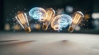 Glowing lightbulbs with digital brain networks inside representing artificial intelligence, innovation and creative thinking in business technology.