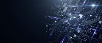 Digital circuit board with glowing blue and purple lines, microchip pathways, and data nodes on dark background. Use for technology, innovation, computing, and digital transformation concepts.