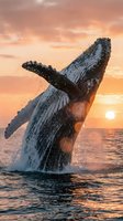 Humpback whale breaching ocean surface at sunset with dramatic orange sky and water splashes creating spectacular marine wildlife moment.