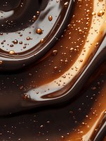 Swirling chocolate waves with golden bubbles create luxurious texture and depth, capturing rich caramel and dark chocolate tones in smooth flowing curves.
