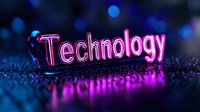 Glowing pink neon technology text on dark textured surface with blue bokeh lights and reflection creates modern futuristic atmosphere for tech concepts.