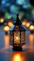 Traditional oriental lantern with intricate floral pattern glowing warmly against blurred bokeh background, creating magical atmosphere for Ramadan and festive designs.