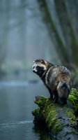 Raccoon dog sitting on mossy log by water in misty forest environment for wildlife and nature photography concepts.