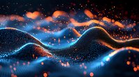 Abstract digital wave pattern with glowing blue particles and orange light effects creating dynamic flowing motion against dark background. Futuristic technology concept.