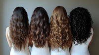 Women with different hair types and textures showing diversity in natural wavy, curly and coiled patterns, viewed from behind against neutral gray wall background.
