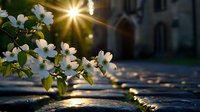 White dogwood blossoms against sunburst at sunset, blooming branch over cobblestone street with soft bokeh light effects and gothic architecture background.