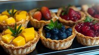 Fresh fruit mini tarts with mango, strawberry, blueberry and raspberry filling arranged on dark surface, homemade pastry desserts with glazed topping.