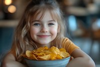 Happy young Caucasian girl with blonde hair smiling at camera while enjoying bowl of golden potato chips in cozy kitchen setting with warm bokeh lights.