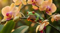 Red-eyed tree frog sitting on yellow orchid flower branch in tropical garden setting with warm natural lighting and blurred floral background.
