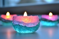 Glowing crystal-like candles in pink and turquoise colors create magical ambiance with soft illumination, perfect for spiritual practices and meditation spaces.