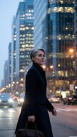 Professional businesswoman in black coat walking through urban financial district at dusk with illuminated skyscrapers and city lights creating atmospheric backdrop.