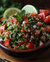 Fresh tabbouleh salad with chopped tomatoes, parsley, mint leaves, onion and lime in traditional clay bowl. Mediterranean cuisine close-up view.
