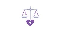 Balanced scales of justice with heart symbol below, rendered in purple and gray tones on white background, representing legal and emotional harmony.