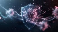 Glowing shield protection symbol with exploding particles and light effects on dark background, cybersecurity concept for digital defense technology.