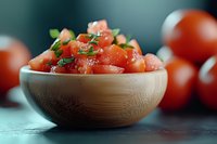 Fresh diced tomatoes with herbs in wooden bowl, selective focus on juicy red chunks garnished with basil, whole tomatoes in background on dark surface.