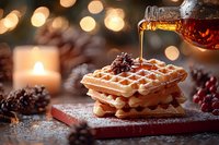 Fresh homemade waffles stacked with maple syrup pouring on top, decorated with powdered sugar against blurred bokeh lights and pine cones, cozy breakfast setting.