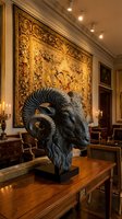 Goat head sculpture displayed on wooden table in elegant room with classical tapestry, candlesticks, and period furniture for luxury interior design and home decor.