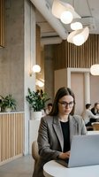 Professional businesswoman working on laptop in modern office space with contemporary lighting and wooden design elements for corporate presentations.