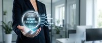 Businesswoman in dark blazer holding glowing digital sphere displaying demand forecasting analytics and business intelligence data in modern office environment.