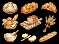 Assorted fresh baked bread rolls, croissants, loaves and wheat isolated on transparent background. Ready for bakery designs, food packaging, t-shirt prints, clipart and sublimation projects.