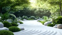 Tranquil zen garden with raked white sand path winding between moss covered stones and lush green plants, sunlight filtering through trees creating peaceful atmosphere.
