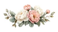 Watercolor floral arrangement with blush pink and cream peonies, sage green leaves and delicate buds on isolated background for wedding stationery and design projects.