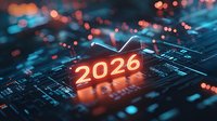 Futuristic digital circuit board with glowing neon 2026 number and data visualization elements against dark background with bokeh light effects and technology graphs.