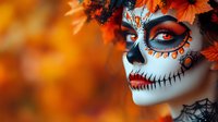Traditional Mexican sugar skull makeup with orange marigold flowers and dramatic eye details against autumn bokeh background, celebrating Day of the Dead festival.