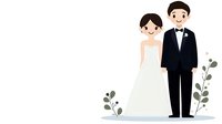 Young Asian couple in wedding attire standing together with decorative green foliage elements on light background, minimalist cartoon style illustration.