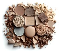Crushed makeup powder palette with eyeshadows and bronzer scattered on white background, nude and earth tones with mint accent, professional cosmetics texture.