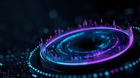 Futuristic holographic interface with glowing neon rings and digital data visualization on dark background for technology and sci-fi projects.