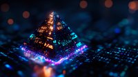 Glowing pyramid structure with neon lights on digital circuit background, featuring vibrant blue and orange bokeh effects in dark futuristic setting.