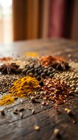 Colorful spices and herbs scattered on rustic wooden surface with warm lighting creating aromatic culinary ingredient display for cooking and seasoning.