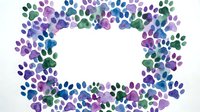 Colorful watercolor paw prints frame border in purple, blue and green tones on white background. Pet-themed decorative element for cards and designs.