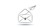 Open envelope with paper airplane flying out on white background. Email marketing, message delivery, communication concept for business presentations.