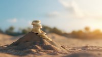 Stack of golden coins on sand hill against sunset sky, symbolizing financial growth, wealth management and investment opportunities in beach environment.
